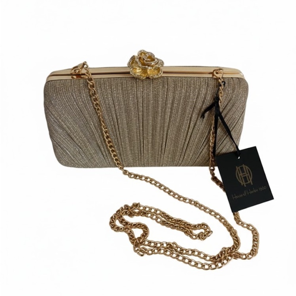 House of Harlow NWT Gold Mini Purse Clutch Crossbody Bag Formal Fancy Floral